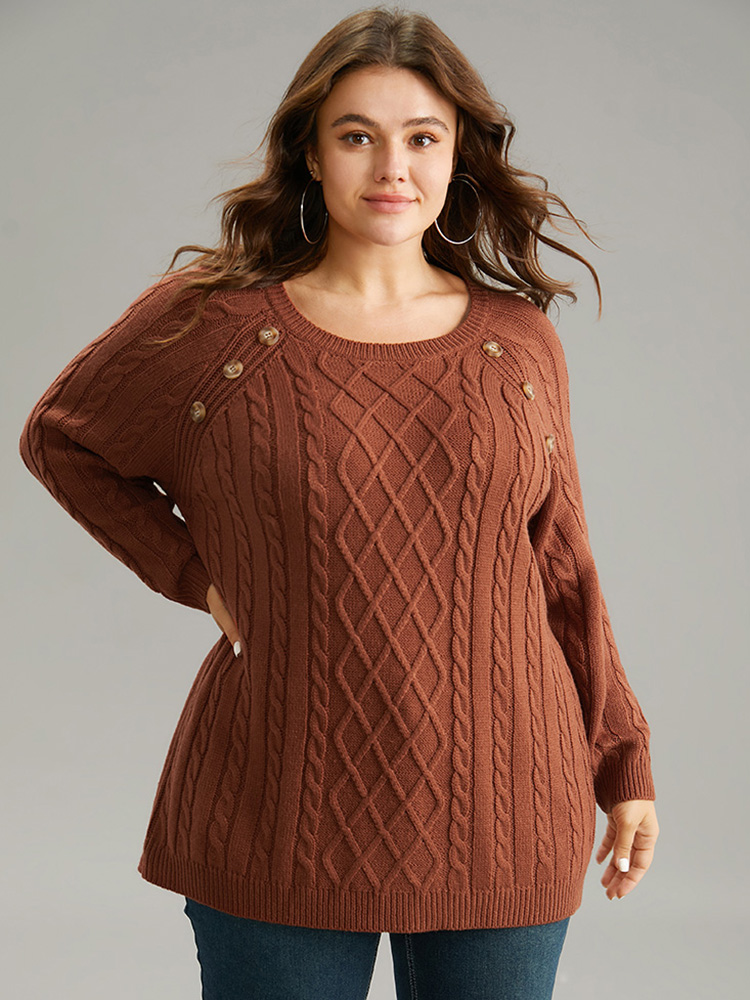 

Plus Size Button Detail Cable Knit Raglan Sleeve Pullover Rust Women Casual Loose Long Sleeve Round Neck Dailywear Pullovers BloomChic