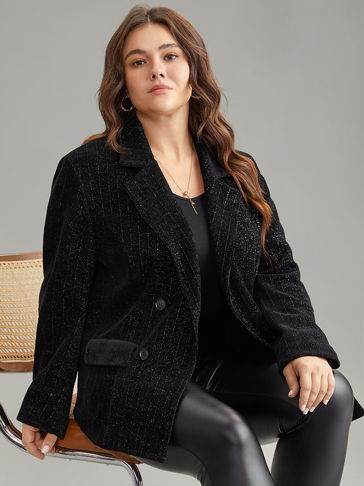 

Plus Size Lurex Double Breasted Patched Pocket Blazer Black Women Dailywear Plain Velvet Sleeve Long Sleeve Suit Collar  Pocket Glamour Blazers BloomChic