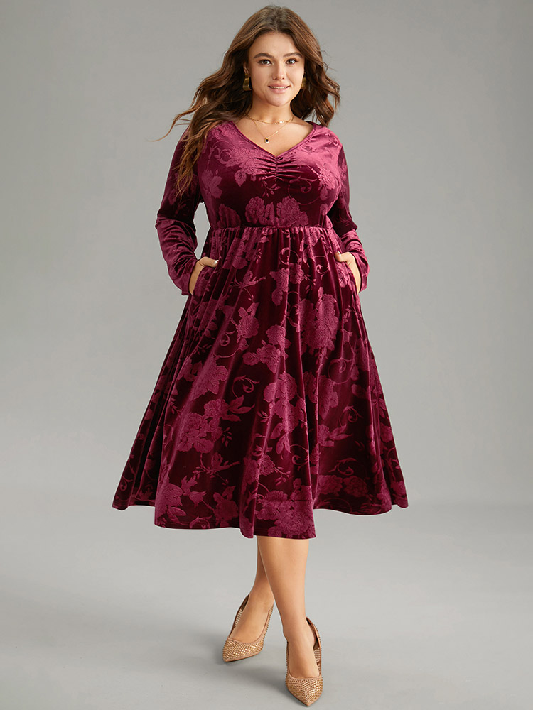 Plus Size Velvet Jacquard Elastic Waist Ruched Dress Scarlet Women Elegant Velvet V-neck Long Sleeve Curvy Midi Dress BloomChic 26/4X 