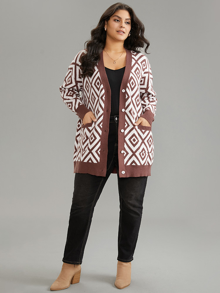 

Plus Size Supersoft Essentials Geometric Button Through Cardigan Maroon Women Casual Loose Long Sleeve Dailywear Cardigans BloomChic