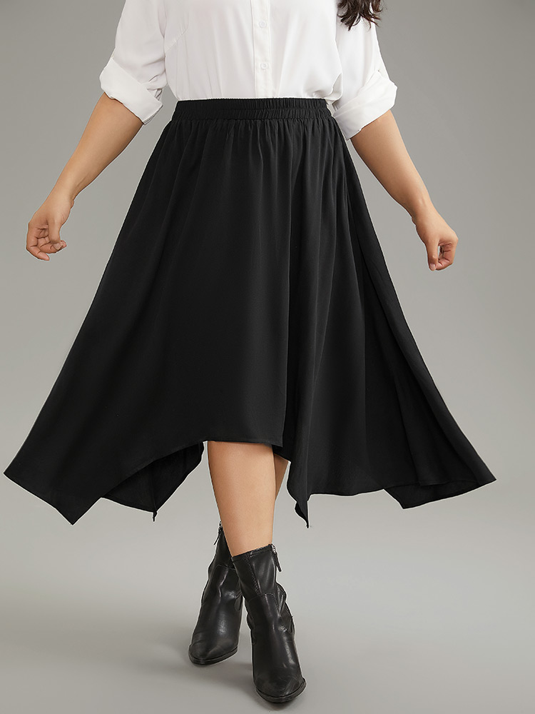 

Plus Size Solid Rayon Elastic Waist Pocket Hanky Hem Skirt Women Black Office Plain No stretch Pocket Work Skirts BloomChic