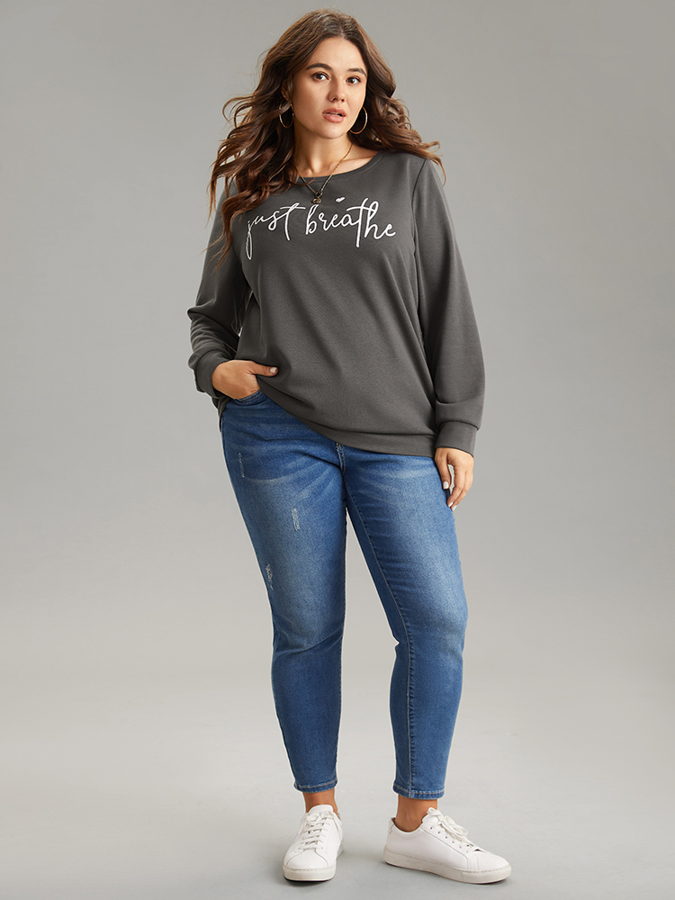 Plus Size Slogan Print Round Neck Knit Sweatshirt Women DimGray Casual Printed Dailywear Sweatshirts BloomChic 30/6X 
