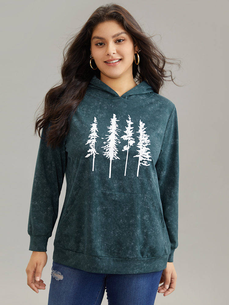 

Plus Size Vintage Forest Print Kangaroo Pocket Sweatshirt Women Cyan Casual Printed Hooded Dailywear Sweatshirts BloomChic