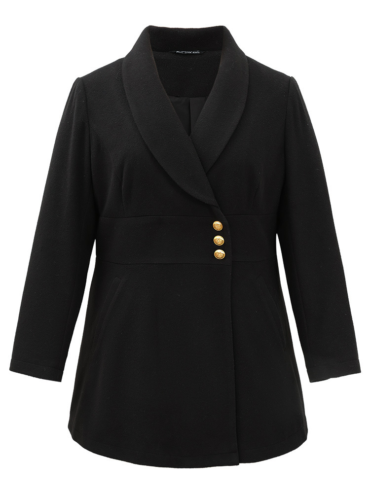 

Plus Size Plain Metal Detail Pocket Coat Women Black Elegant Lined Ladies Everyday Winter Coats BloomChic