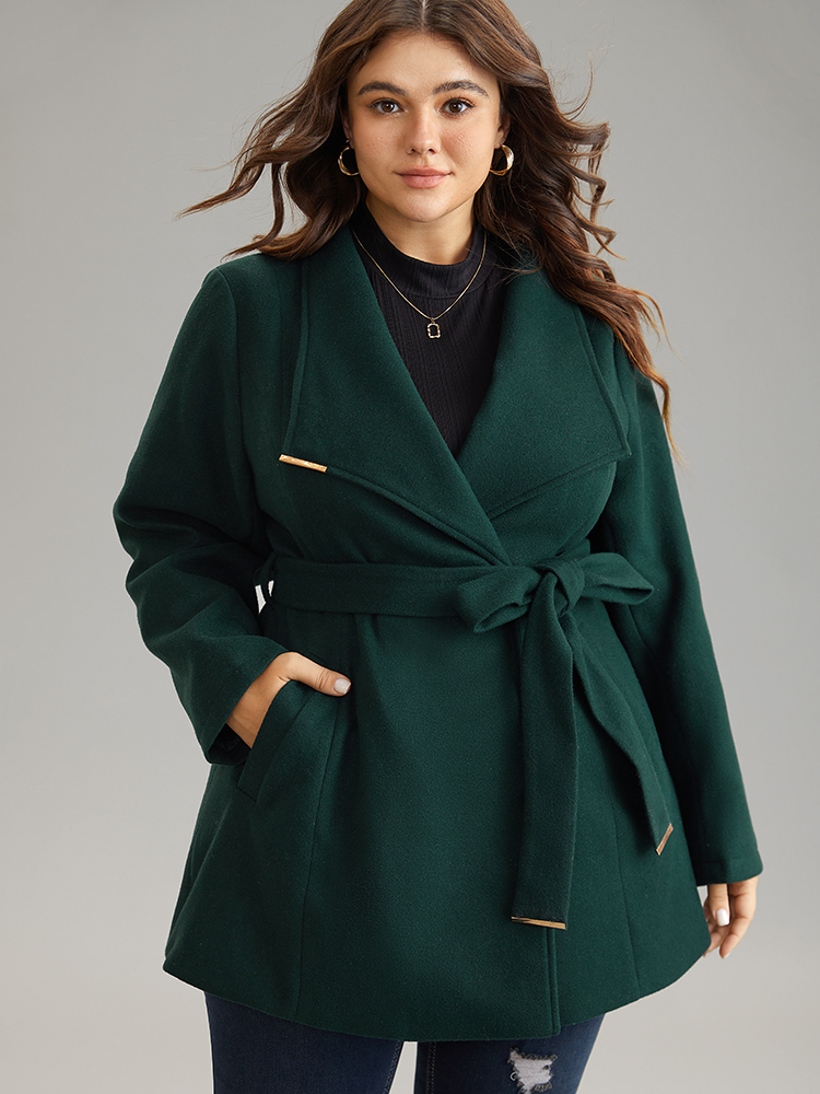 

Plus Size Plain Belted Metal Detail Lapel Collar Coat Women DarkGreen Elegant Lined Ladies Everyday Winter Coats BloomChic