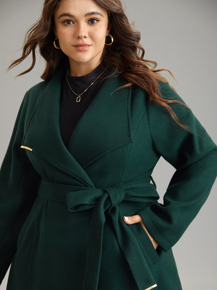 

Plus Size Plain Belted Metal Detail Lapel Collar Coat Women DarkGreen Elegant Lined Ladies Everyday Winter Coats BloomChic