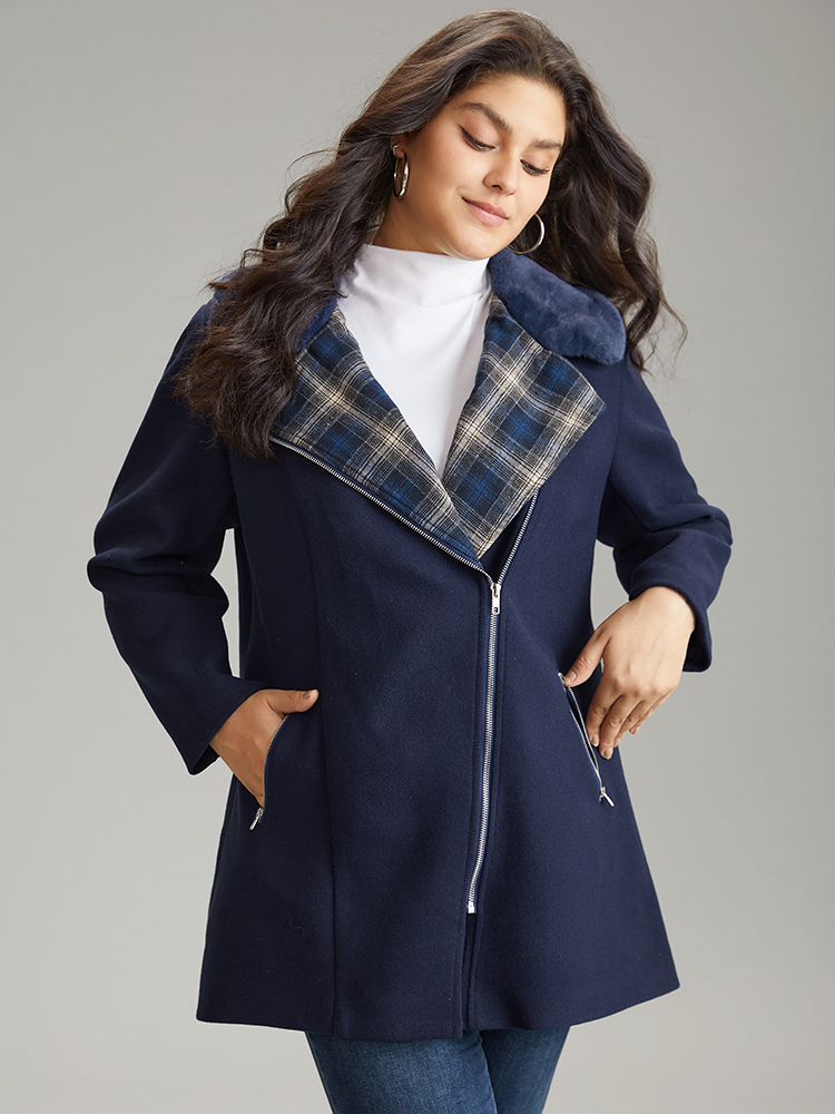 

Plus Size Plaid Asymmetrical Lapel Collar Patchwork Fuzzy Trim Coat Women Indigo Casual Lined Ladies Dailywear Winter Coats BloomChic