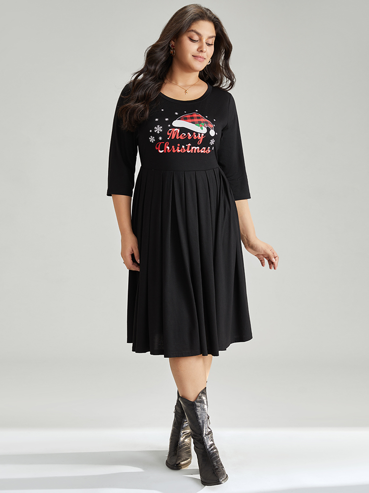 Plus Size Christmas Print Plicated Detail Elastic Waist Dress Black Women Casual Printed Curvy Midi Dress BloomChic 18-20/2X 