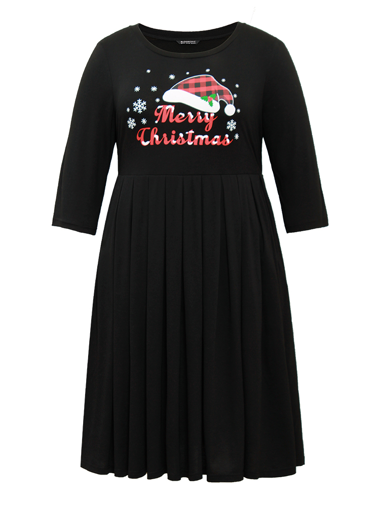 

Plus Size Christmas Print Plicated Detail Elastic Waist Dress Black Women Casual Printed Curvy Midi Dress BloomChic