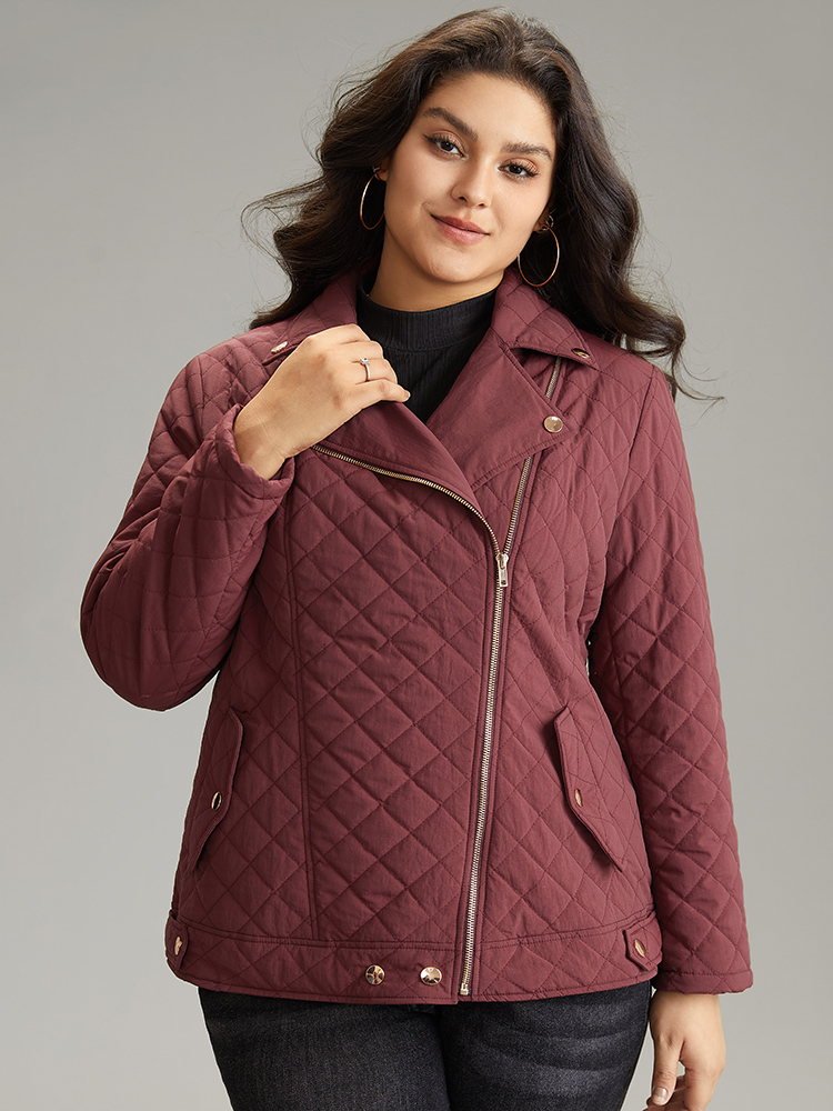

Plus Size Zipper Fly Quilted Button Detail Lapel Collar Jacket Women Burgundy Texture Pocket Dailywear Jackets BloomChic