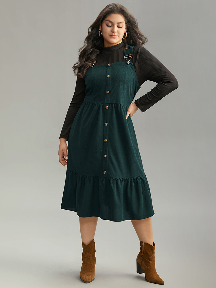 

Plus Size Corduroy Button Detail Ruffles Adjustable Straps Dress DarkGreen Women Casual Adjustable Straps Spaghetti Strap Sleeveless Curvy Midi Dress BloomChic