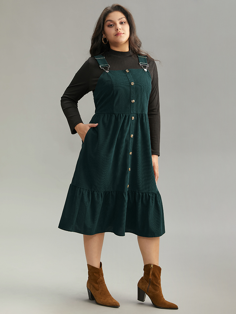 

Plus Size Corduroy Button Detail Ruffles Adjustable Straps Dress DarkGreen Women Casual Adjustable Straps Spaghetti Strap Sleeveless Curvy Midi Dress BloomChic