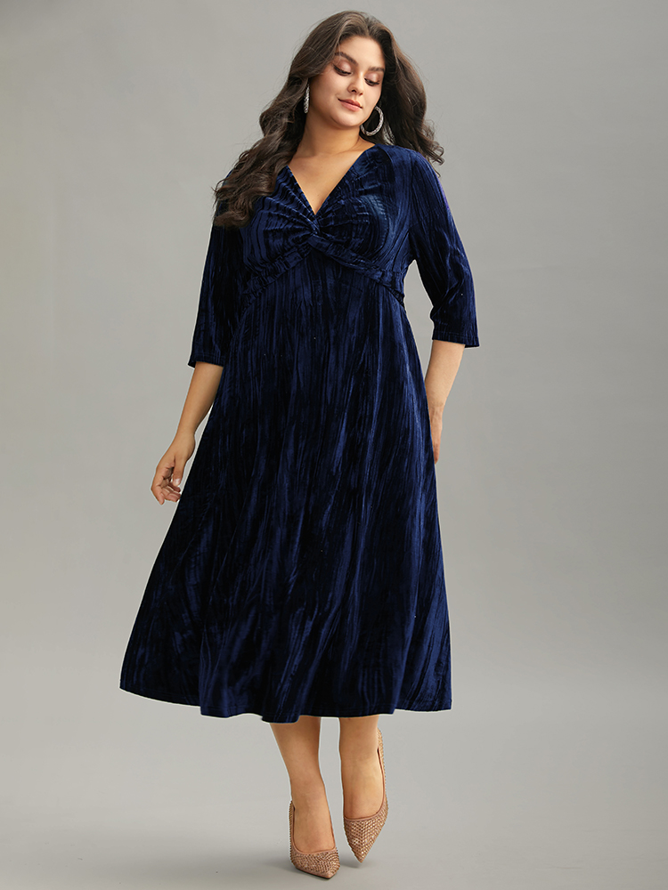 Plus Size Plain Velvet V Neck Twist Front Dress DarkBlue Women Cocktail Velvet V-neck Elbow-length sleeve Curvy Midi Dress BloomChic 30/6X 