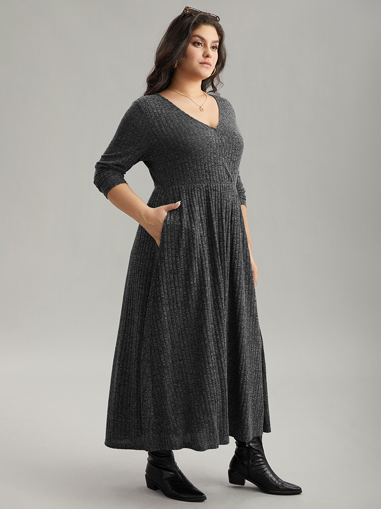 Plus Size Solid Rib Knit Overlap Collar Pocket Dress DimGray Women Casual Texture Overlap Collar Long Sleeve Curvy Midi Dress BloomChic 26/4X 