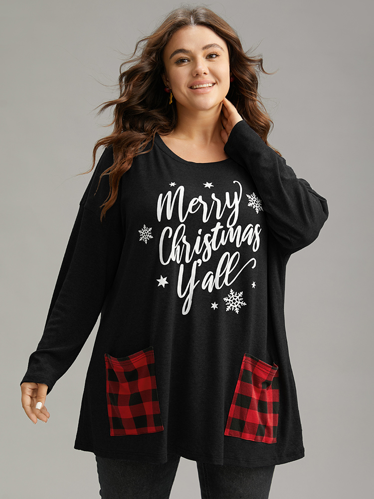 

Plus Size Christmas Letter Plaid Patchwork Pocket T-shirt Black Women Casual Contrast Christmas Festival-Halloween T-shirts BloomChic