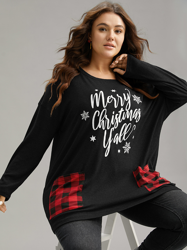 

Plus Size Christmas Letter Plaid Patchwork Pocket T-shirt Black Women Casual Contrast Christmas Festival-Halloween T-shirts BloomChic