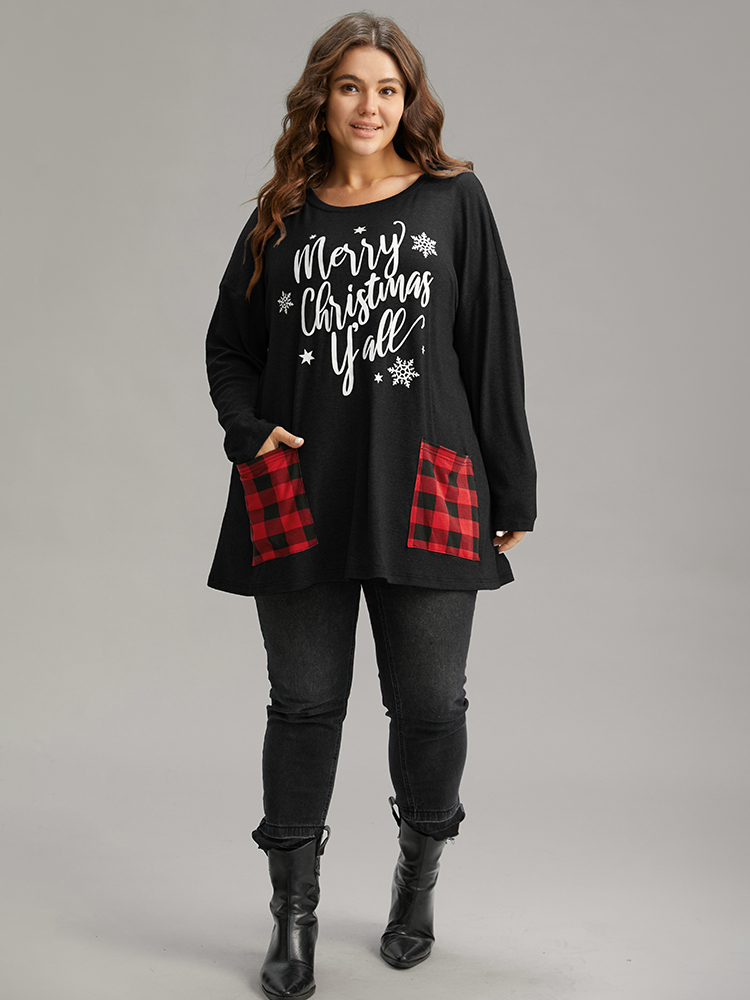 Plus Size Christmas Letter Plaid Patchwork Pocket T-shirt Black Women Casual Contrast Christmas Festival-Halloween T-shirts BloomChic 22-24/3X 