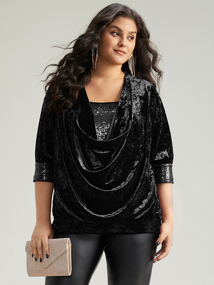 

Plus Size Black Cowl Neck 2-In-1 Sequin Patchwork Blouse Women Cocktail Elbow-length sleeve Cowl Neck Party Blouses BloomChic