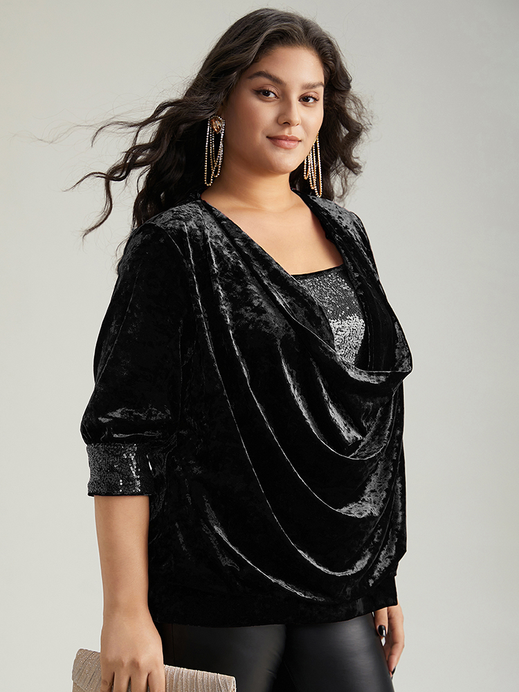 

Plus Size Black Cowl Neck 2-In-1 Sequin Patchwork Blouse Women Cocktail Elbow-length sleeve Cowl Neck Party Blouses BloomChic