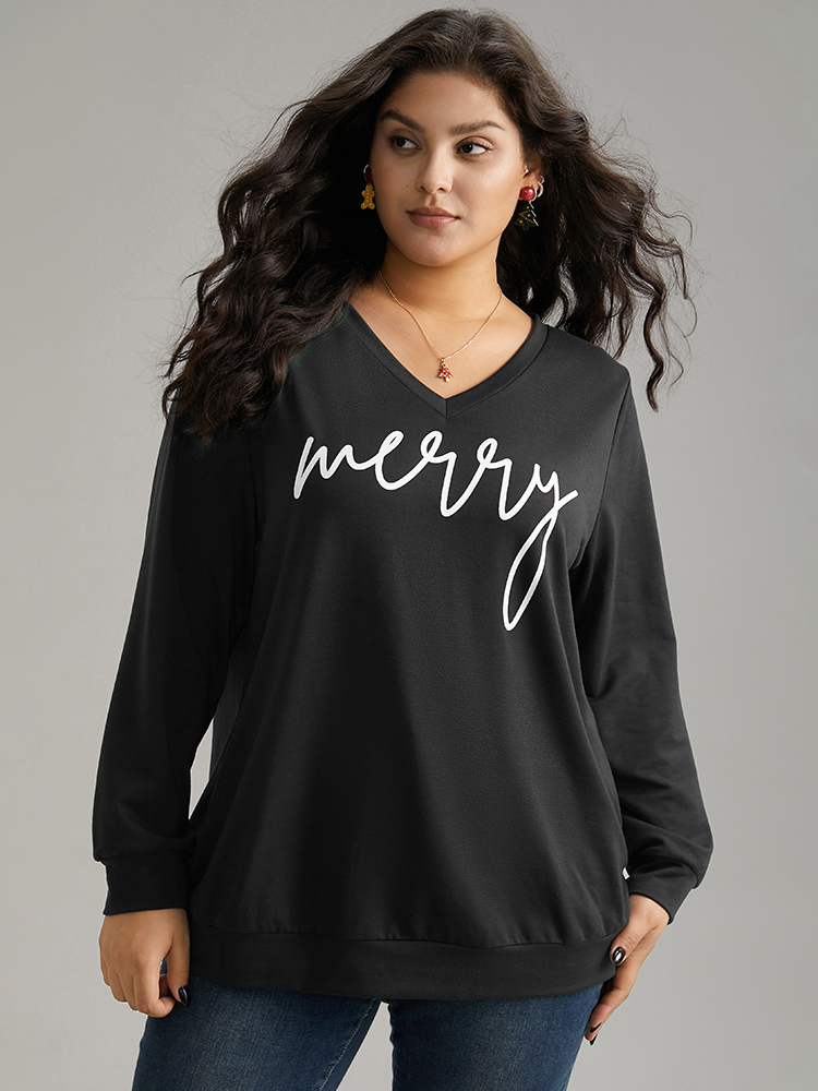 

Plus Size Season's Greetings Printed V-Neck Sweatshirt Women Black Casual Printed V-neck Festival-Christmas Sweatshirts BloomChic