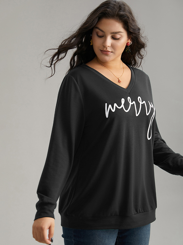 Plus Size Season`s Greetings Printed V-Neck Sweatshirt Women Black Casual Printed V-neck Festival-Christmas Sweatshirts BloomChic 28/5X 