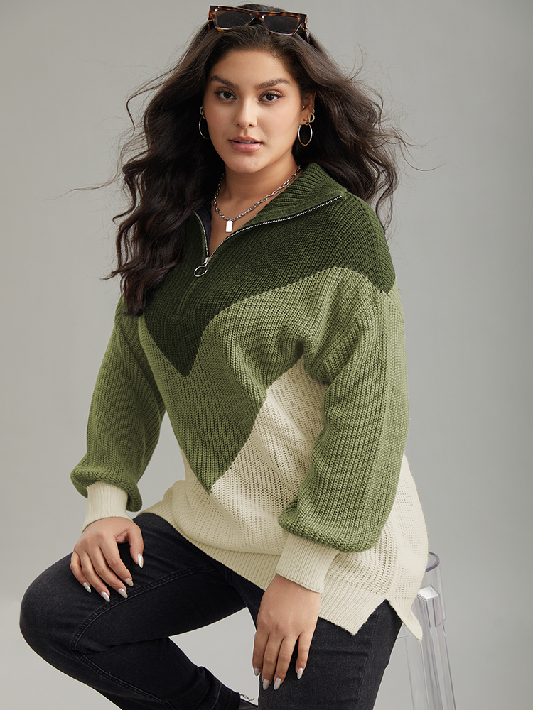 

Plus Size Colorblock Patchwork Zipper Lapel Collar Pullover ArmyGreen Women Casual Long Sleeve Lapel Collar Everyday Pullovers BloomChic