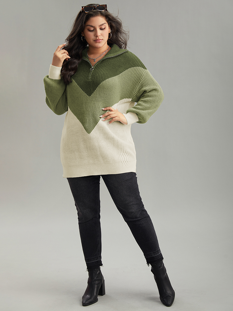 

Plus Size Colorblock Patchwork Zipper Lapel Collar Pullover ArmyGreen Women Casual Long Sleeve Lapel Collar Everyday Pullovers BloomChic