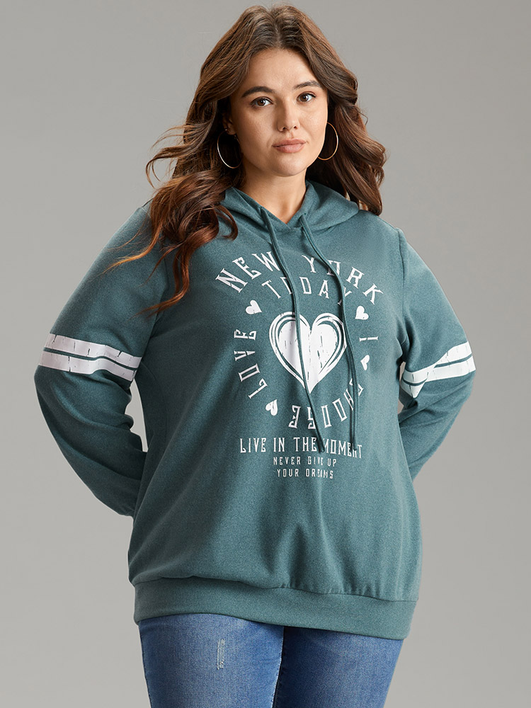 

Plus Size Letter & Heart Print Hooded Drawstring Sweatshirt Women Mint Casual Thick Dailywear Sweatshirts BloomChic