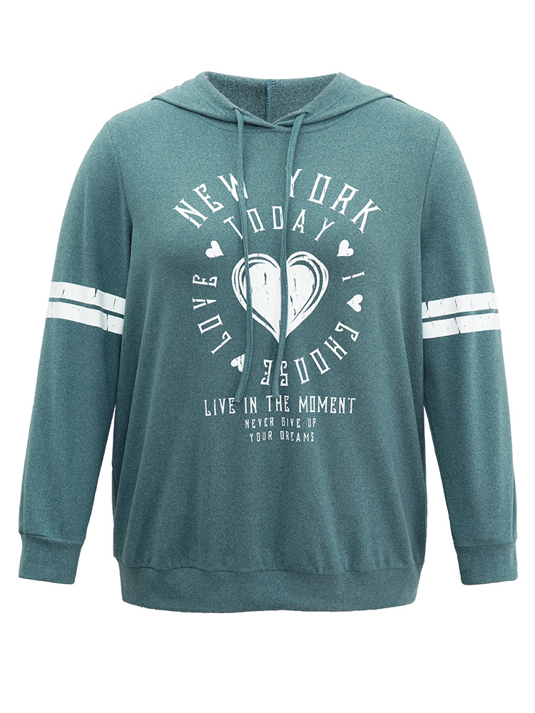 

Plus Size Letter & Heart Print Hooded Drawstring Sweatshirt Women Mint Casual Thick Dailywear Sweatshirts BloomChic