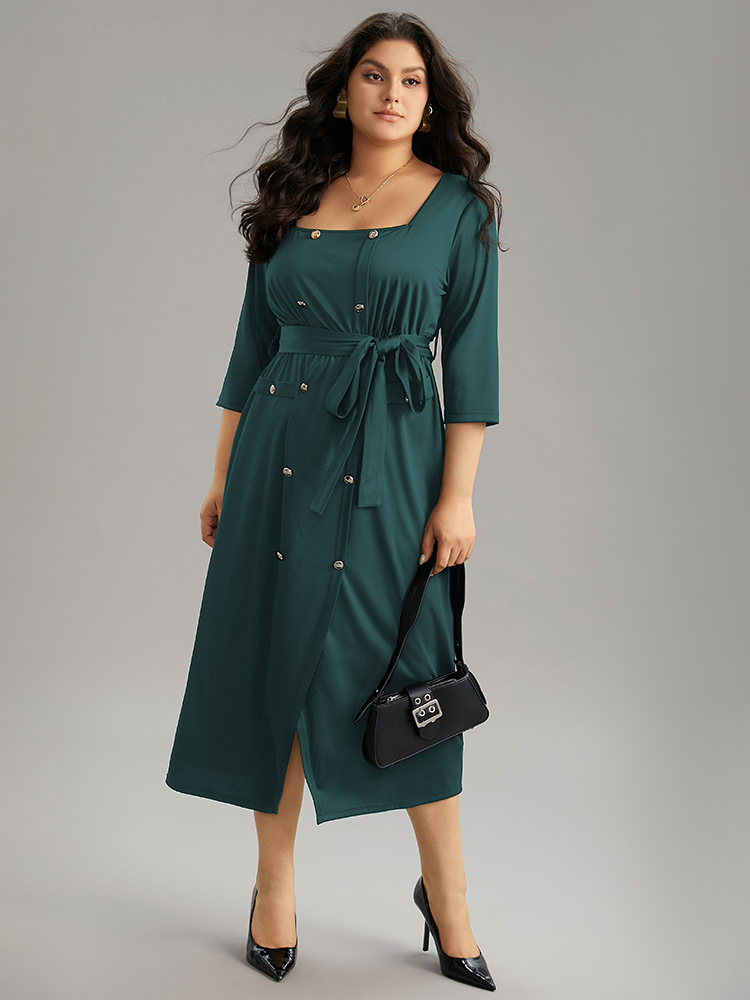 

Plus Size Square Neck Metal Detail Belted Gathered Dress Cyan Women Plain Square Neck Elbow-length sleeve Curvy Midi Dress BloomChic