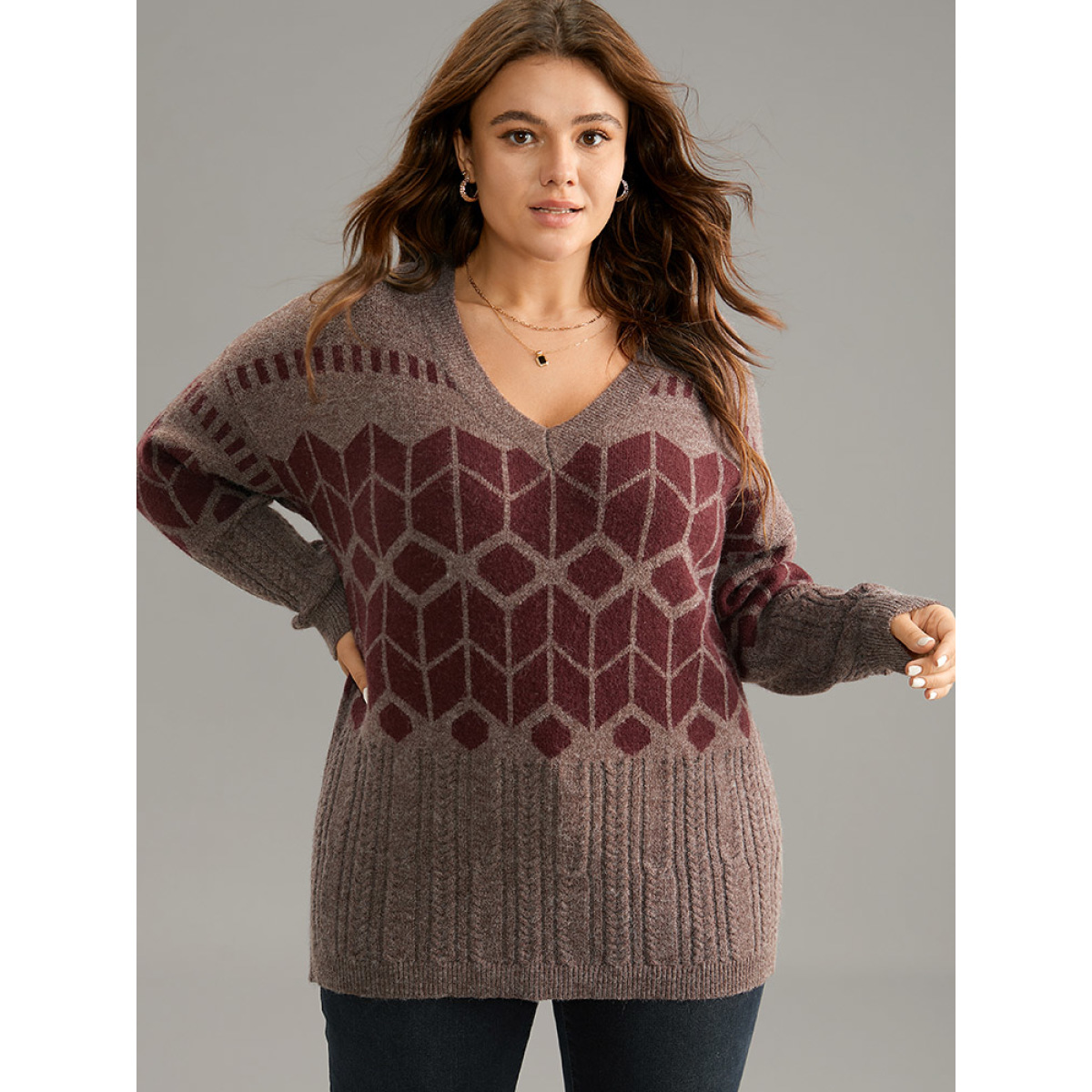 

Plus Size Supersoft Essentials Geometric Knit Jacquard Pullover Burgundy Women Casual Loose Long Sleeve V-neck Dailywear Pullovers BloomChic
