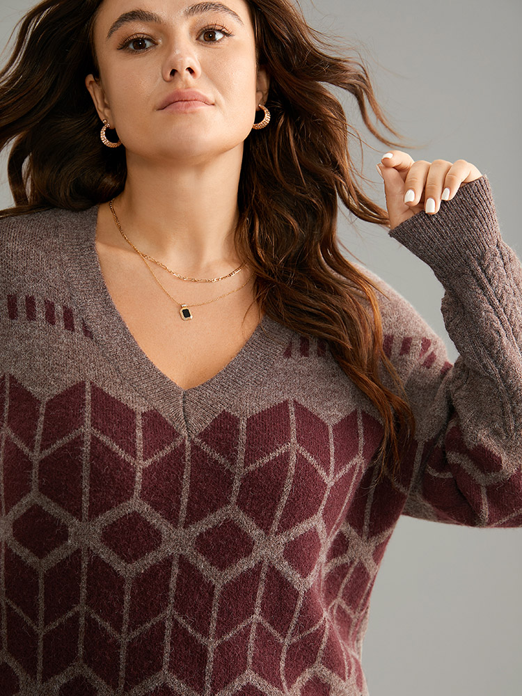 

Plus Size Supersoft Essentials Geometric Knit Jacquard Pullover Burgundy Women Casual Loose Long Sleeve V-neck Dailywear Pullovers BloomChic