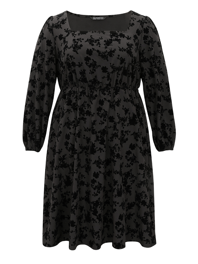 

Plus Size Silhouette Floral Print Flocking Square Neck Gathered Dress Black Women Office Elastic cuffs Square Neck Long Sleeve Curvy Midi Dress BloomChic