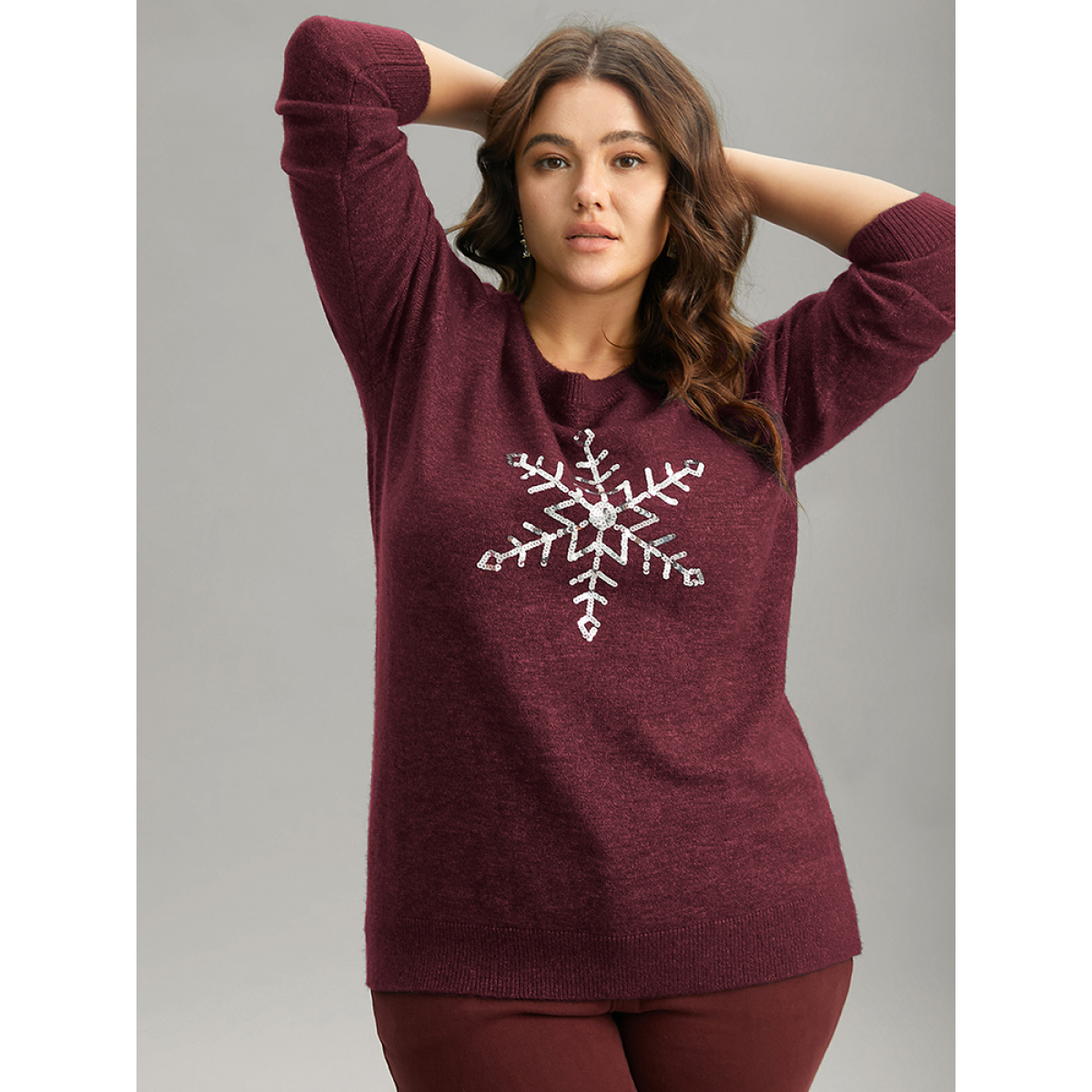 

Plus Size Anti-Pilling Sequin Snowflake Round Neck Pullover Burgundy Women Casual Loose Long Sleeve Round Neck Festival-Christmas Pullovers BloomChic