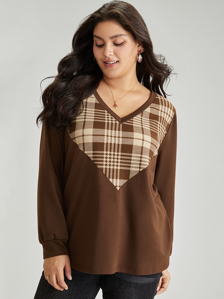 Plus Size Women Festival-Christmas Plaid Patchwork Regular Regular Sleeve Long Sleeve V-neck Casual Sweatshirts BloomChic 