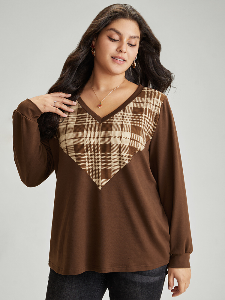 Plus Size Women Festival-Christmas Plaid Patchwork Regular Regular Sleeve Long Sleeve V-neck Casual Sweatshirts BloomChic 