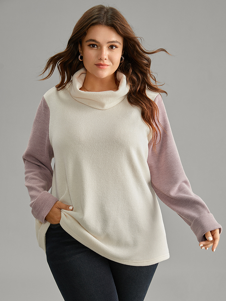 

Plus Size Two Tone Turtle Neck Patchwork Sweatshirt Women White Casual Texture Turtleneck Dailywear Sweatshirts BloomChic