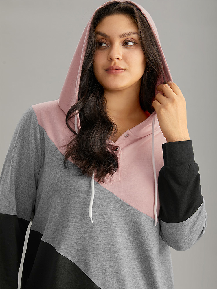 Plus Size Women Dailywear Plain Contrast Regular Regular Sleeve Long Sleeve Hooded Casual Sweatshirts BloomChic 