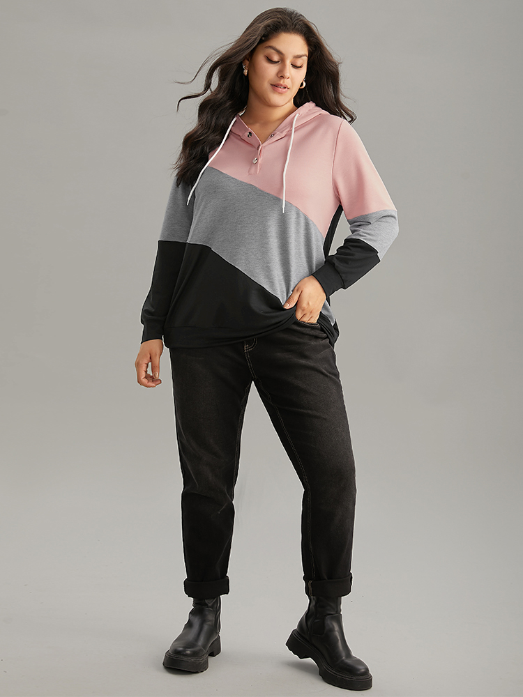 Plus Size Women Dailywear Plain Contrast Regular Regular Sleeve Long Sleeve Hooded Casual Sweatshirts BloomChic 