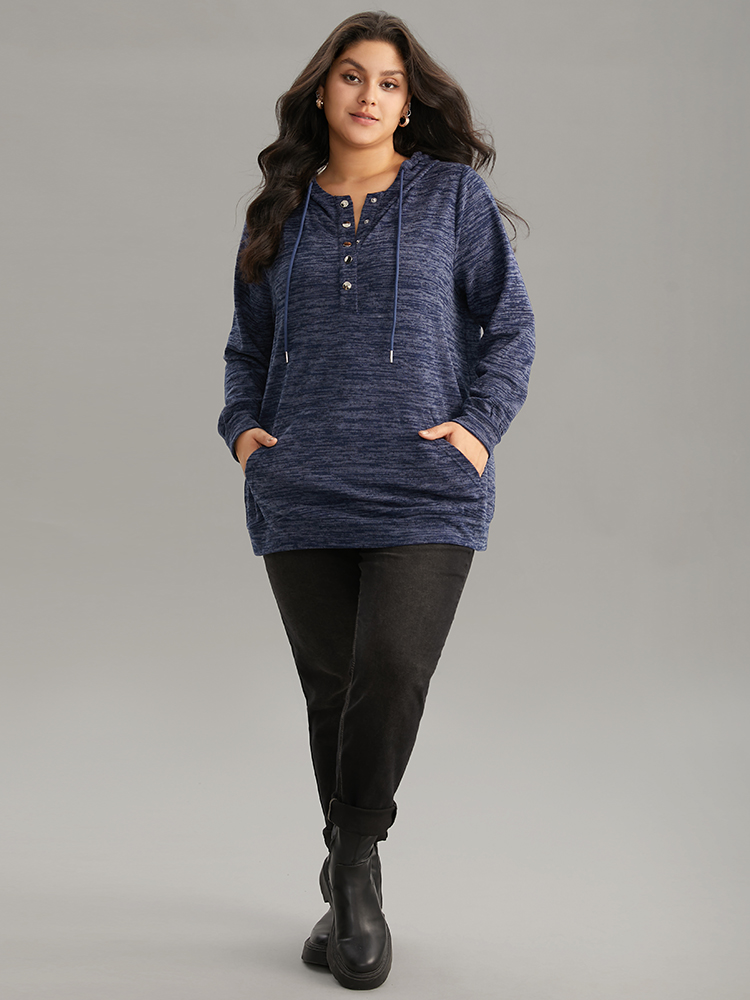 Plus Size Heather Hooded Button Up Pocket Sweatshirt Women Indigo Casual Plain Hooded Dailywear Sweatshirts BloomChic 10/M 