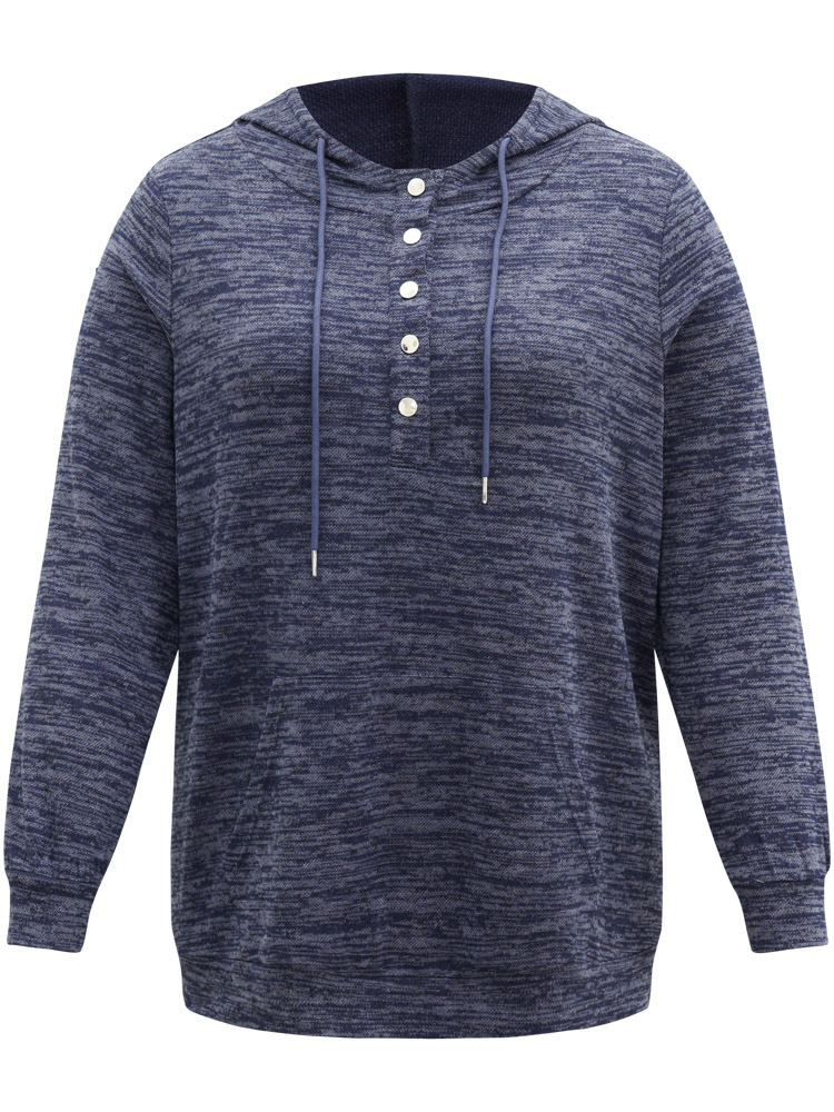 Plus Size Heather Hooded Button Up Pocket Sweatshirt Women Indigo Casual Plain Hooded Dailywear Sweatshirts BloomChic 10/M 