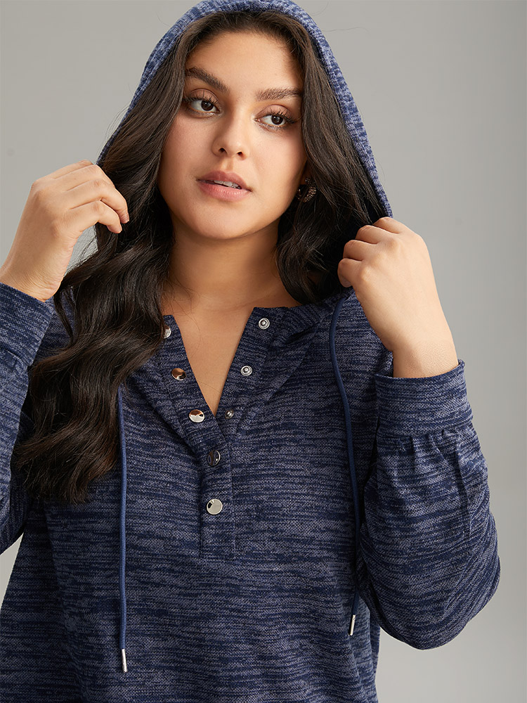 Plus Size Heather Hooded Button Up Pocket Sweatshirt Women Indigo Casual Plain Hooded Dailywear Sweatshirts BloomChic 10/M 