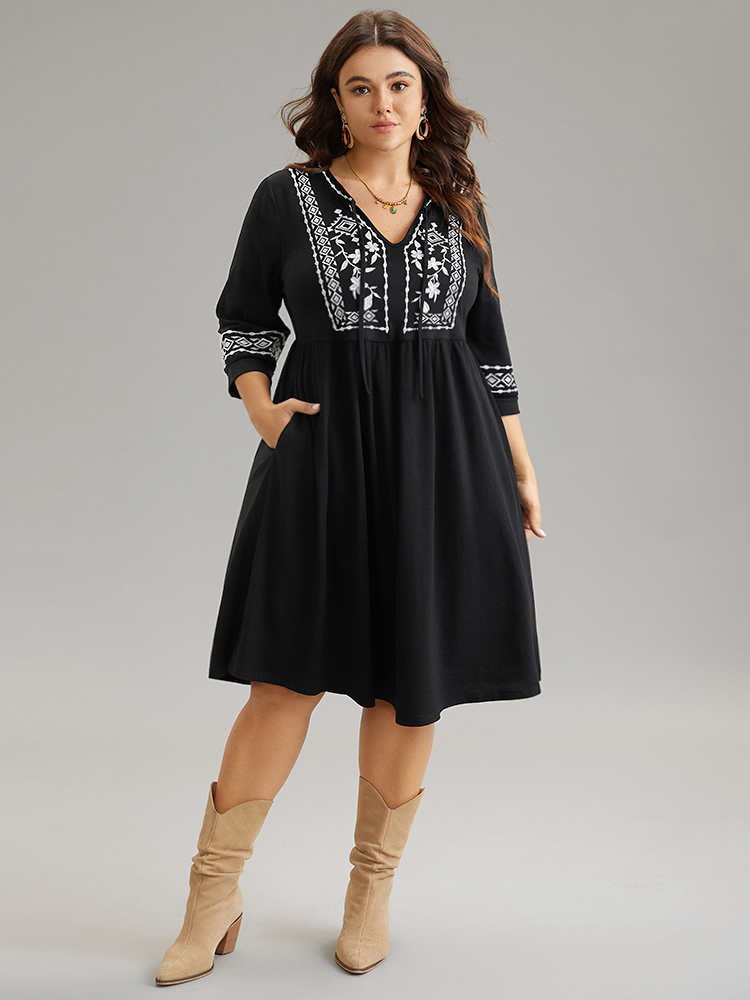 

Plus Size Bandana Embroidered Tie Neck Gathered Dress Black Women Vacation Gathered Tie Neck Elbow-length sleeve Curvy Knee Dress BloomChic