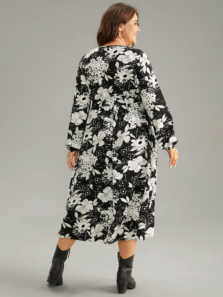 Plus Size Floral Belted V Neck Lantern Sleeve Dress Black Women Casual Elastic cuffs V-neck Long Sleeve Curvy Midi Dress BloomChic 22-24/3X 
