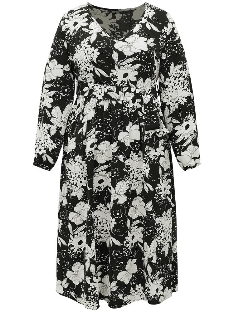 

Plus Size Floral Belted V Neck Lantern Sleeve Dress Black Women Casual Elastic cuffs V-neck Long Sleeve Curvy Midi Dress BloomChic