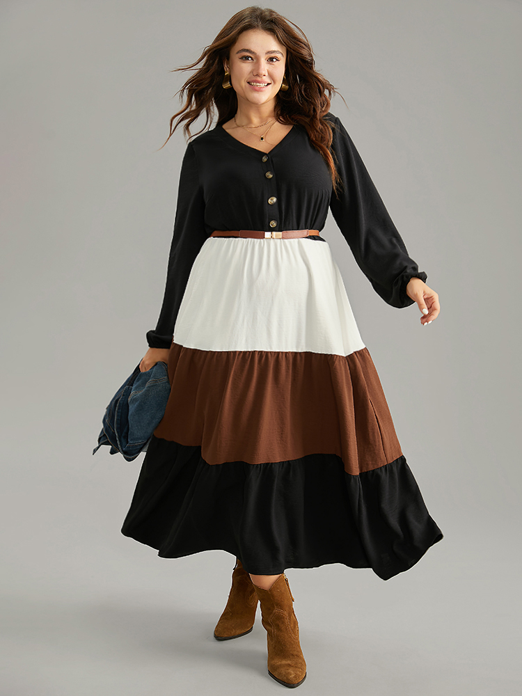 

Plus Size Colorblock Patchwork Lantern Sleeve Button Detail Dress Black Women Elegant Elastic cuffs V-neck Long Sleeve Curvy Midi Dress BloomChic