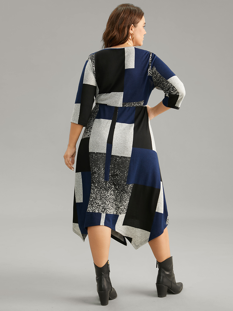 Plus Size Colorblock Contrast Round Neck Elastic Waist Dress Multicolor Women Casual Printed Round Neck Elbow-length sleeve Curvy Midi Dress BloomChic 28/5X 