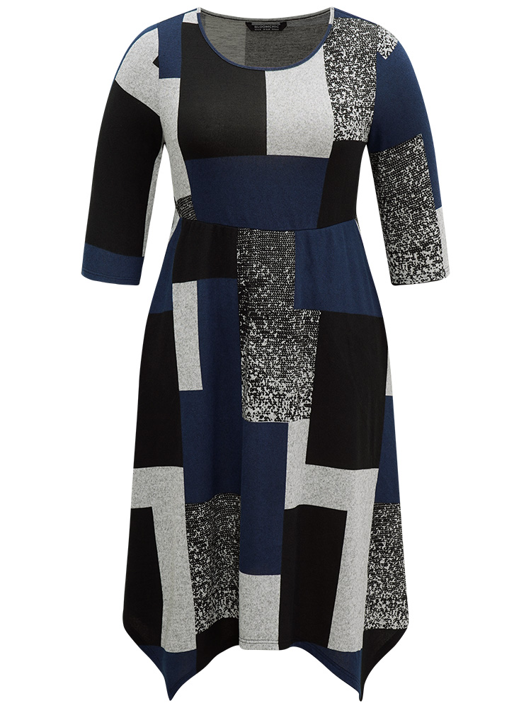 Plus Size Colorblock Contrast Round Neck Elastic Waist Dress Multicolor Women Casual Printed Round Neck Elbow-length sleeve Curvy Midi Dress BloomChic 28/5X 
