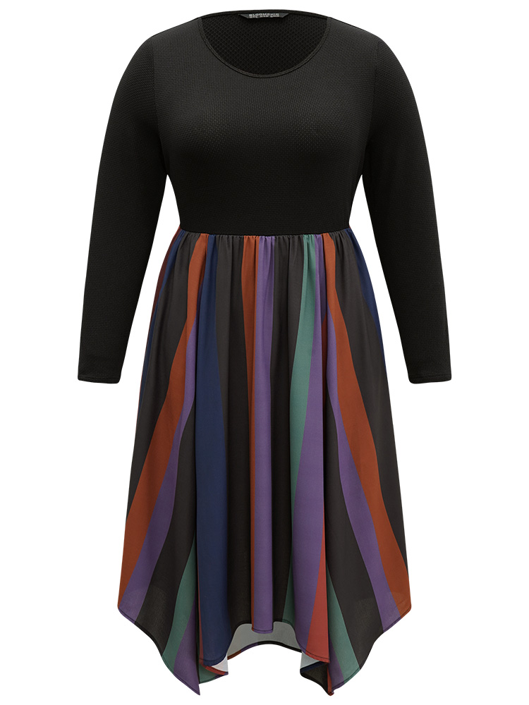 

Plus Size Striped Colorblock Contrast Pocket Elastic Waist Dress Multicolor Women Office Patchwork Round Neck Long Sleeve Curvy Midi Dress BloomChic