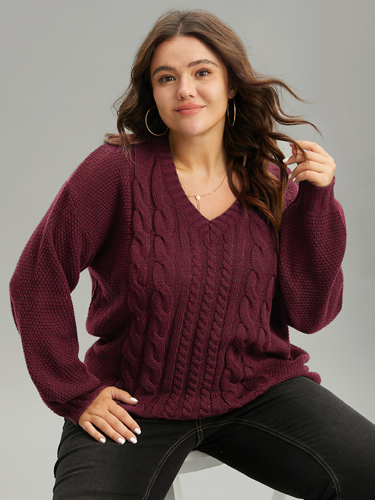 

Plus Size Solid Cable Knit V Neck Elastic Cuffs Pullover Burgundy Women Casual Loose Long Sleeve V-neck Everyday Pullovers BloomChic